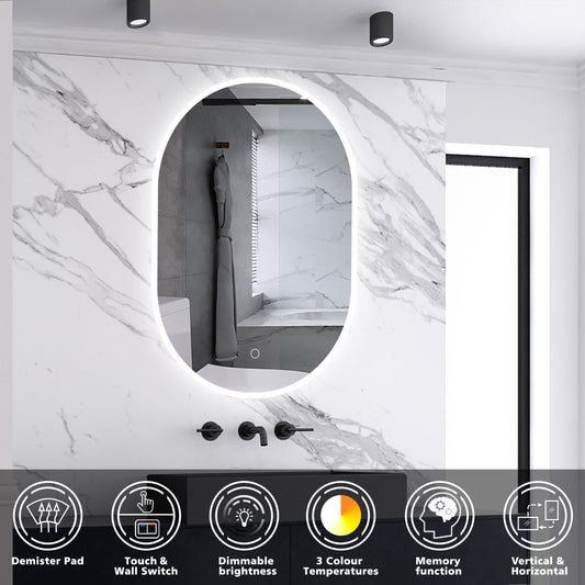 SKY Oval Illuminated LED Bathroom Mirror, Anti-fog, 3 LED Light Colors