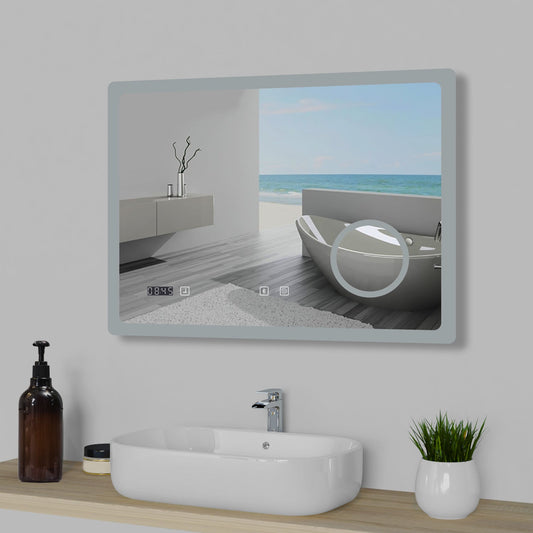 SKY bathroom LED Mirror Bluetooth Bathroom Mirror with LED Lights, Magnifying Bathroom Mirrors with Dimmable 3 Colors, Clock, Demister Pad,IlluminatedWall Mounted Vanity Mirror Horizontal/Vertical,Anti-fog