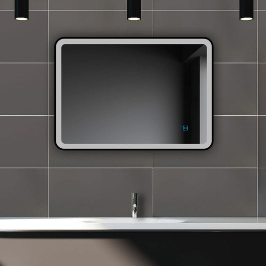 SKY bathroom Bathroom Mirror Black Frame with LED Lights ,with 3 Color Dimmable, Demister Pad Anti-fog, Illuminated Wall Mounted Smart Modern Bathroom Vanity Mirror Rectangle