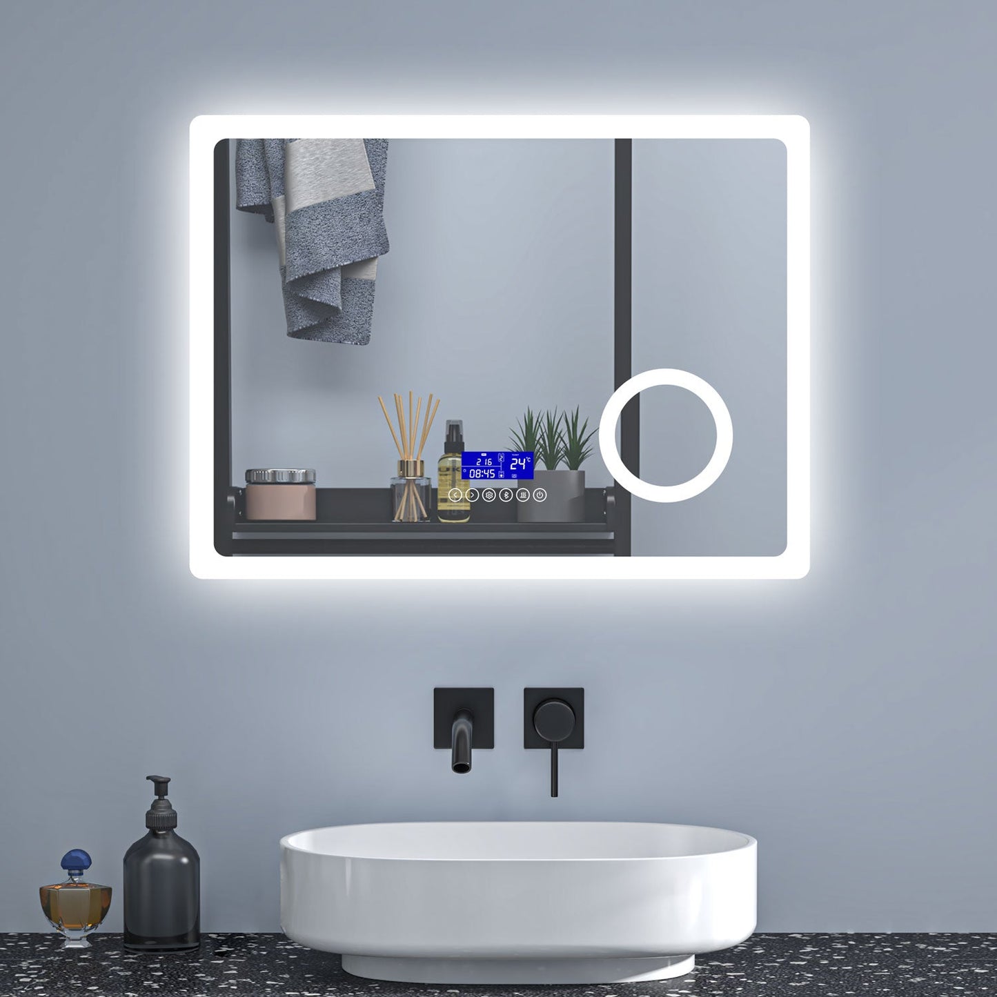 SKY bathroom Bluetooth Speaker Anti Fog 3x Magnifying 6000K Cool White Light + 2700K Warm Lights LED Bathroom Mirrors