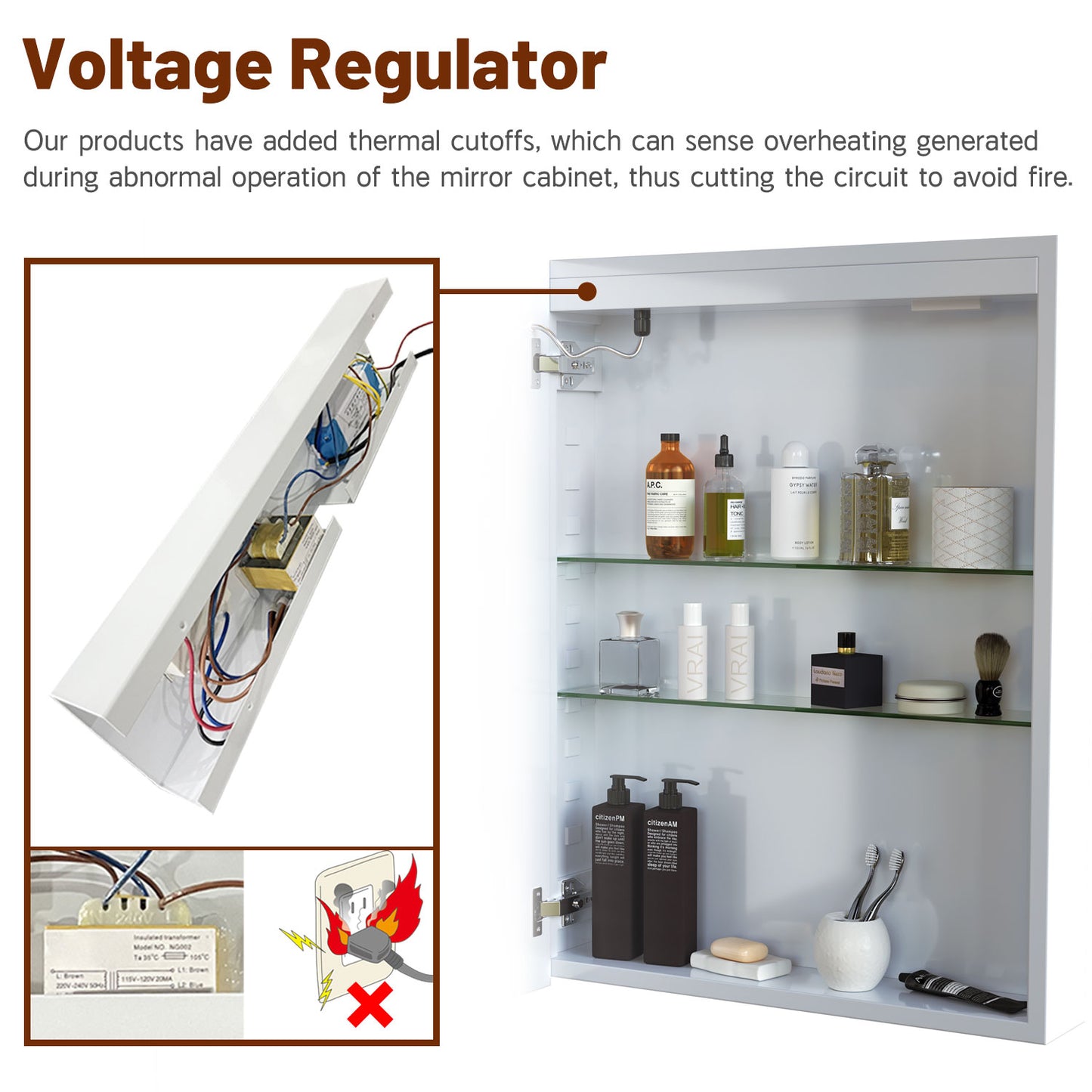 LED Bathroom Mirror Cabinet Storage Cupboard with Light, Shaver Socket, Demister Pad, Touch Switch