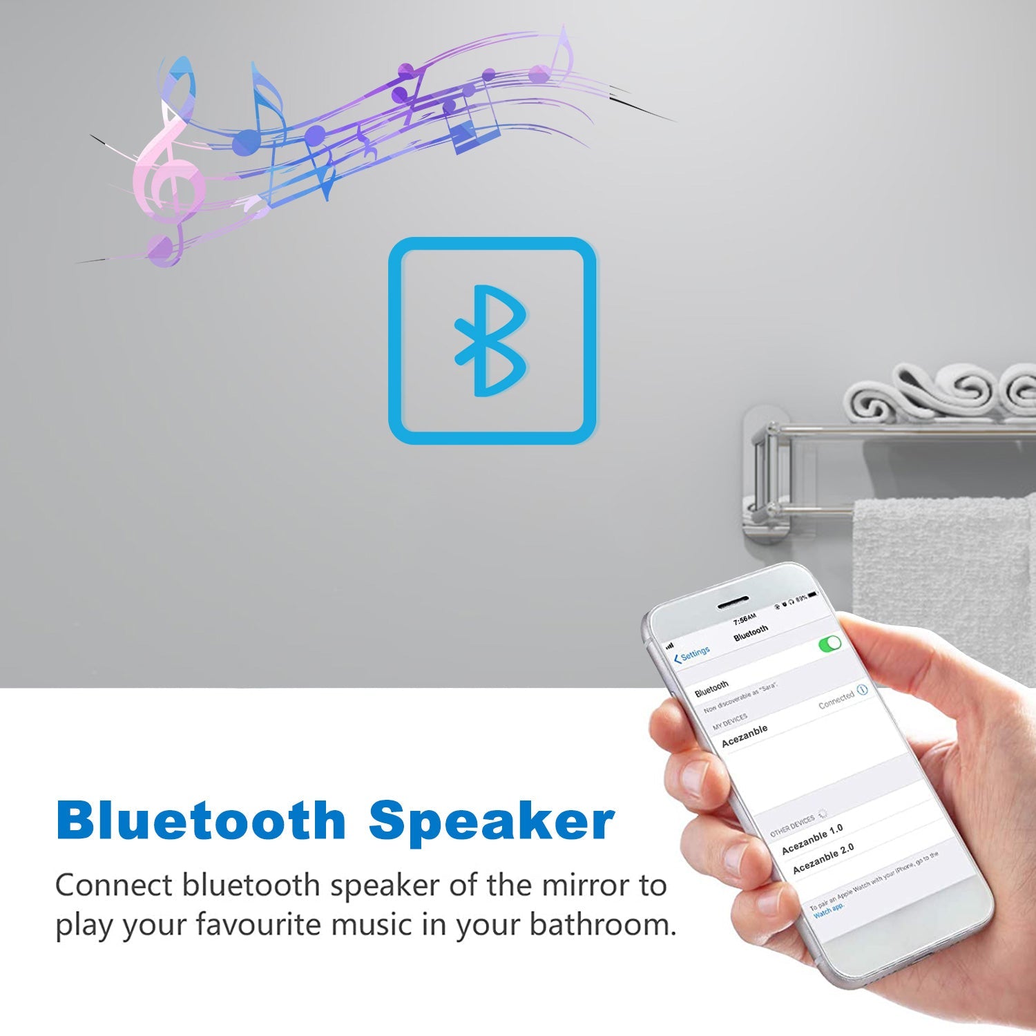 Bathroom Mirror with 3 LED Light, Bluetooth, Demister