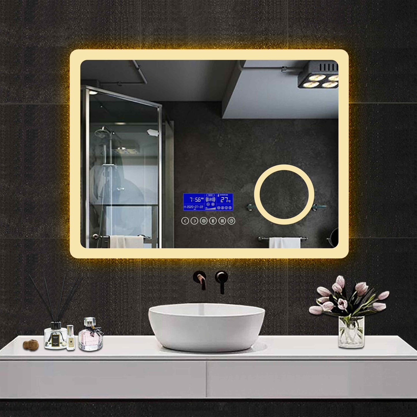 Bathroom Wall Mirror with Light, Bluetooth Speaker, Demister, 3x Magnification, 2700K, 6000K, Clock