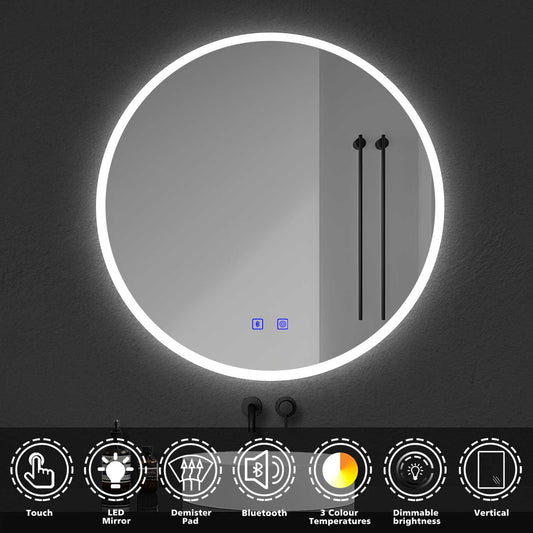 70cm Round Bathroom LED Mirror, Bluetooth, 3 LED Colors, Demister Pad