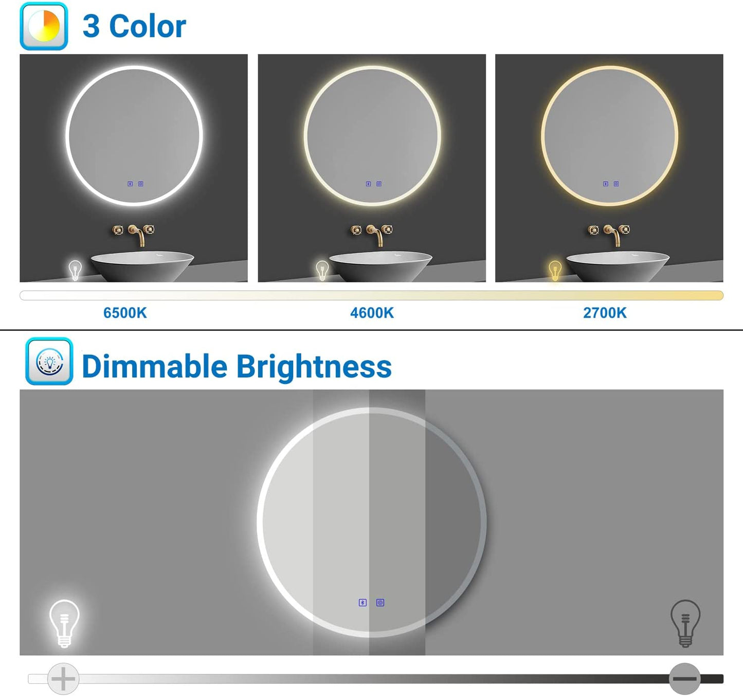 70cm Round Bathroom LED Mirror, Bluetooth, 3 LED Colors, Demister Pad