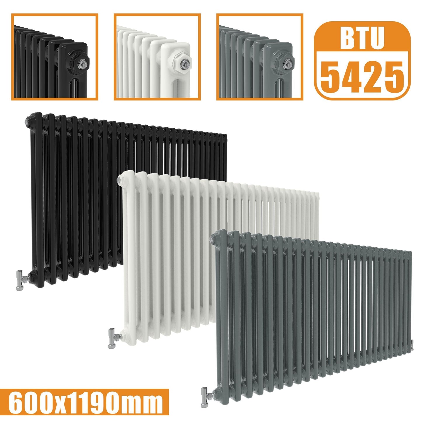 2Column Traditional Cast Iron Style radiator Horizontal 600x1190 White Anthracite Vintage SKY Rads