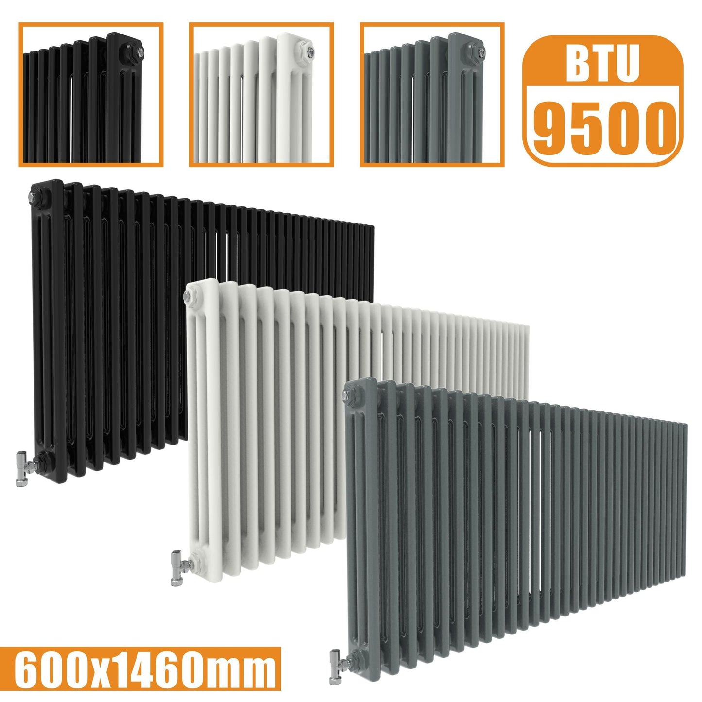 3Column Traditional Cast Iron Style radiator Horizontal 600x1460 White Anthracite Vintage SKY Rads