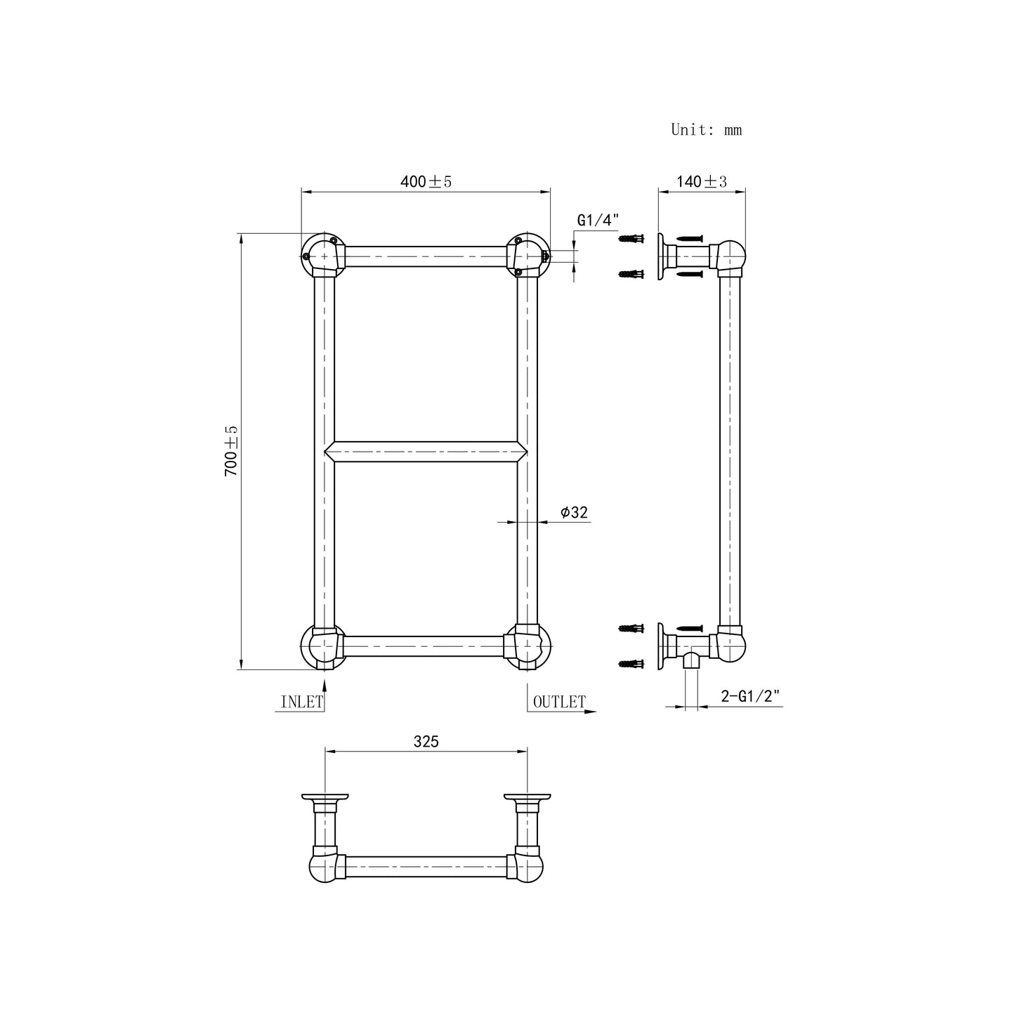 700x400mm Victorian Chrome Heated Towel Rail 3-Bar Bathroom Radiator