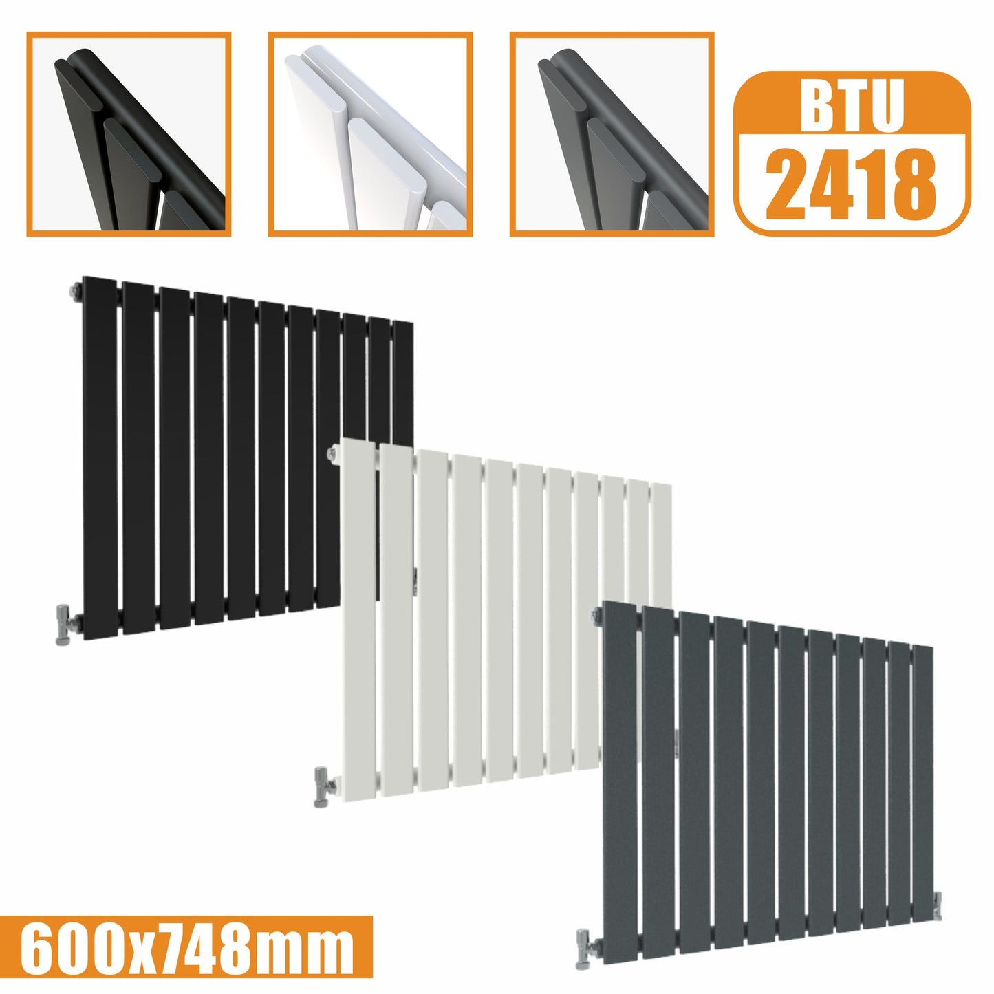 Designer Radiator Horizontal White Grey Flat Panel 600x748MM Rads Single Panel SKY