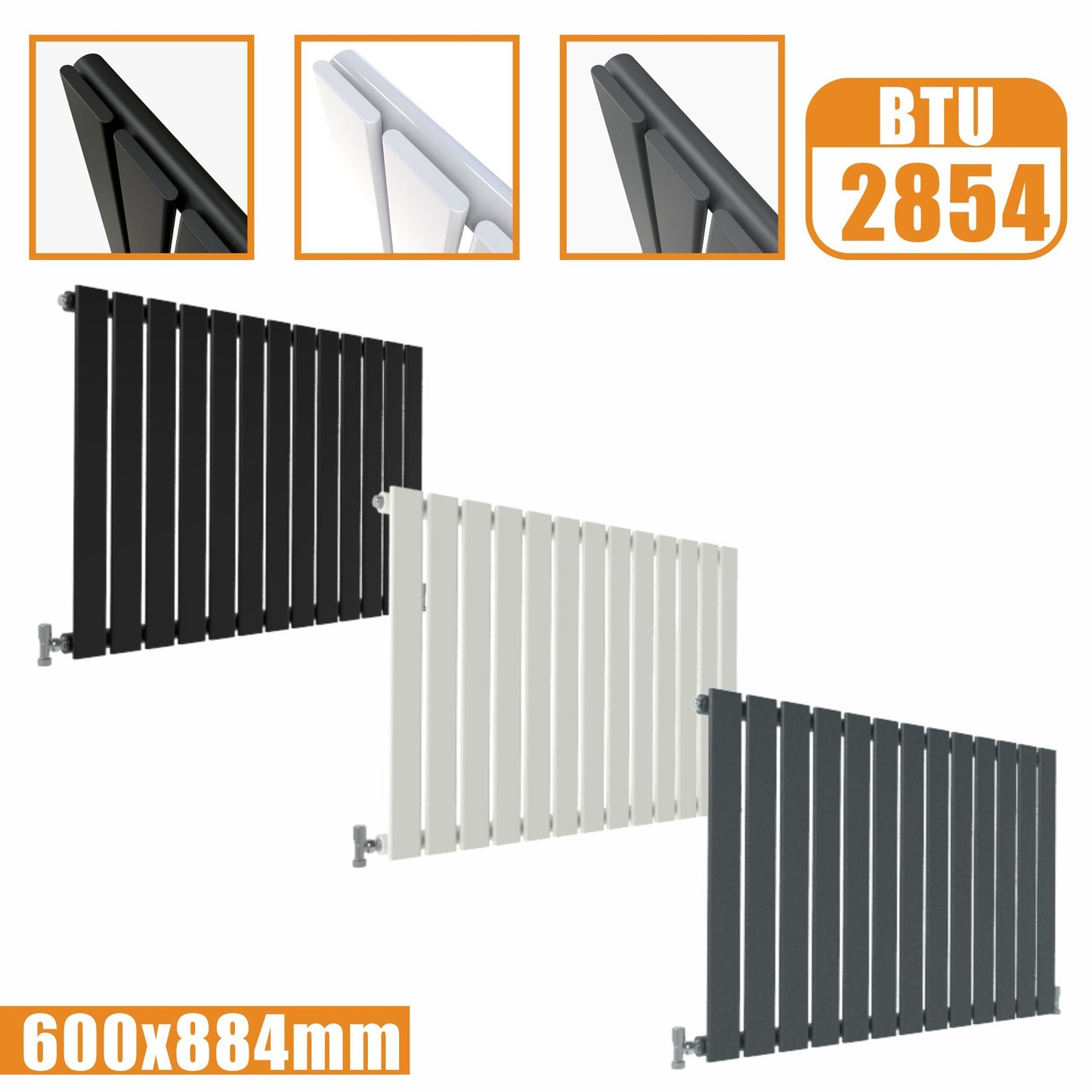 Designer Radiator Horizontal White Grey Flat Panel 600x884MM Rads Single Panel SKY