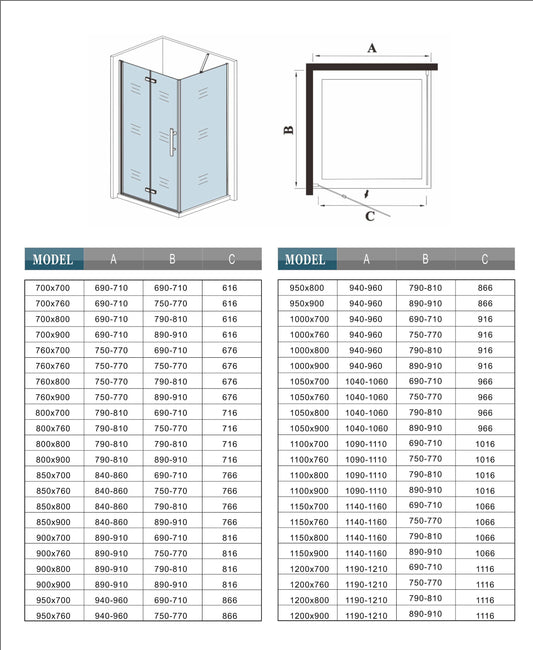 Hinge Shower Door Screen Bi fold Glass + Rectangle Stone Tray +Waste trap