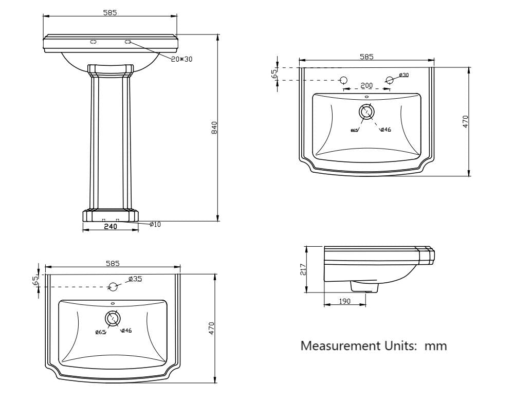SKY BATHROOM Basin Sink Pedestal Full Floorstanding -2 Tap Hole