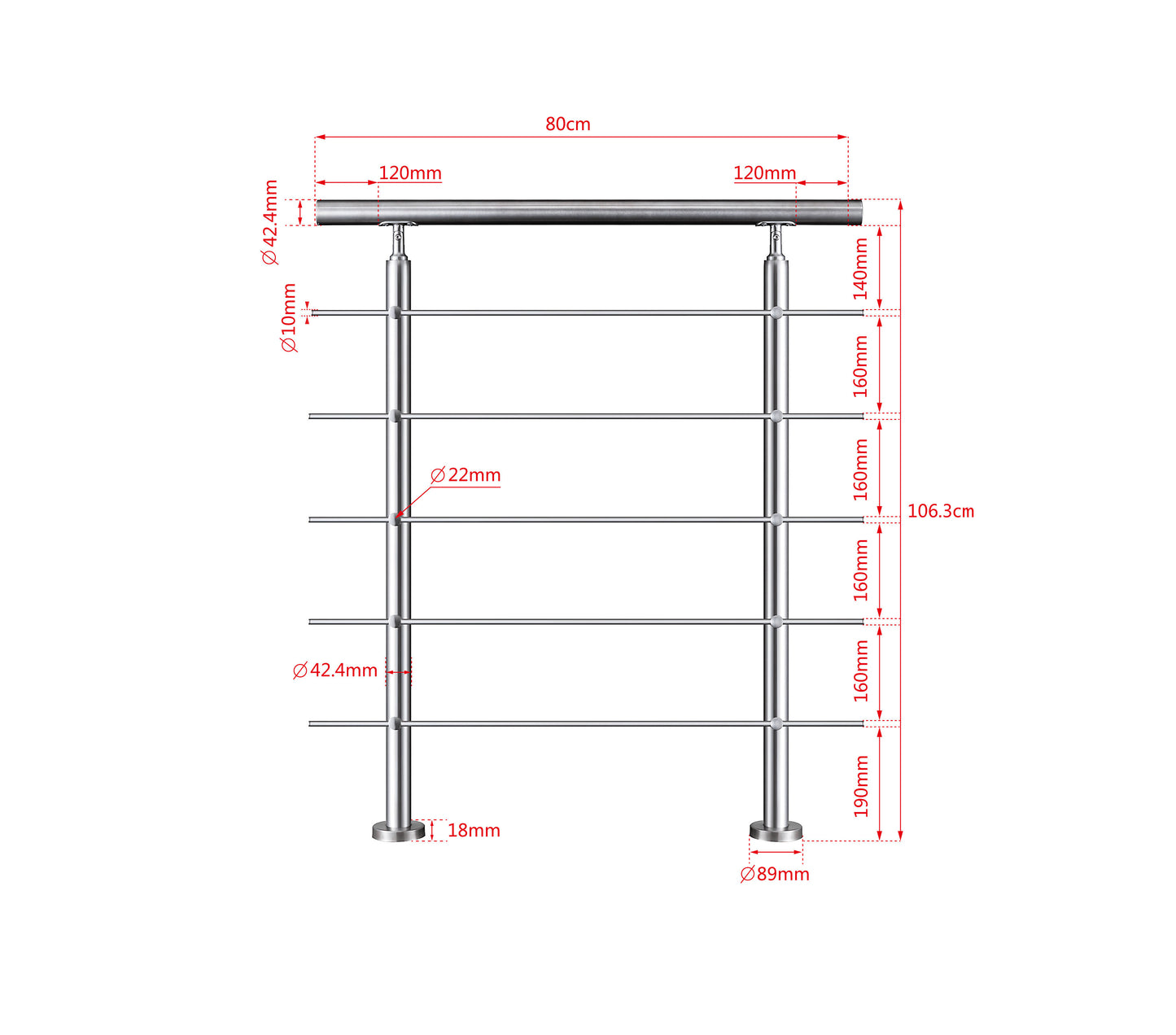 SKY steps 5 Cross bars Stairs Grab Rail Stainless Steel Balustrade Handrail