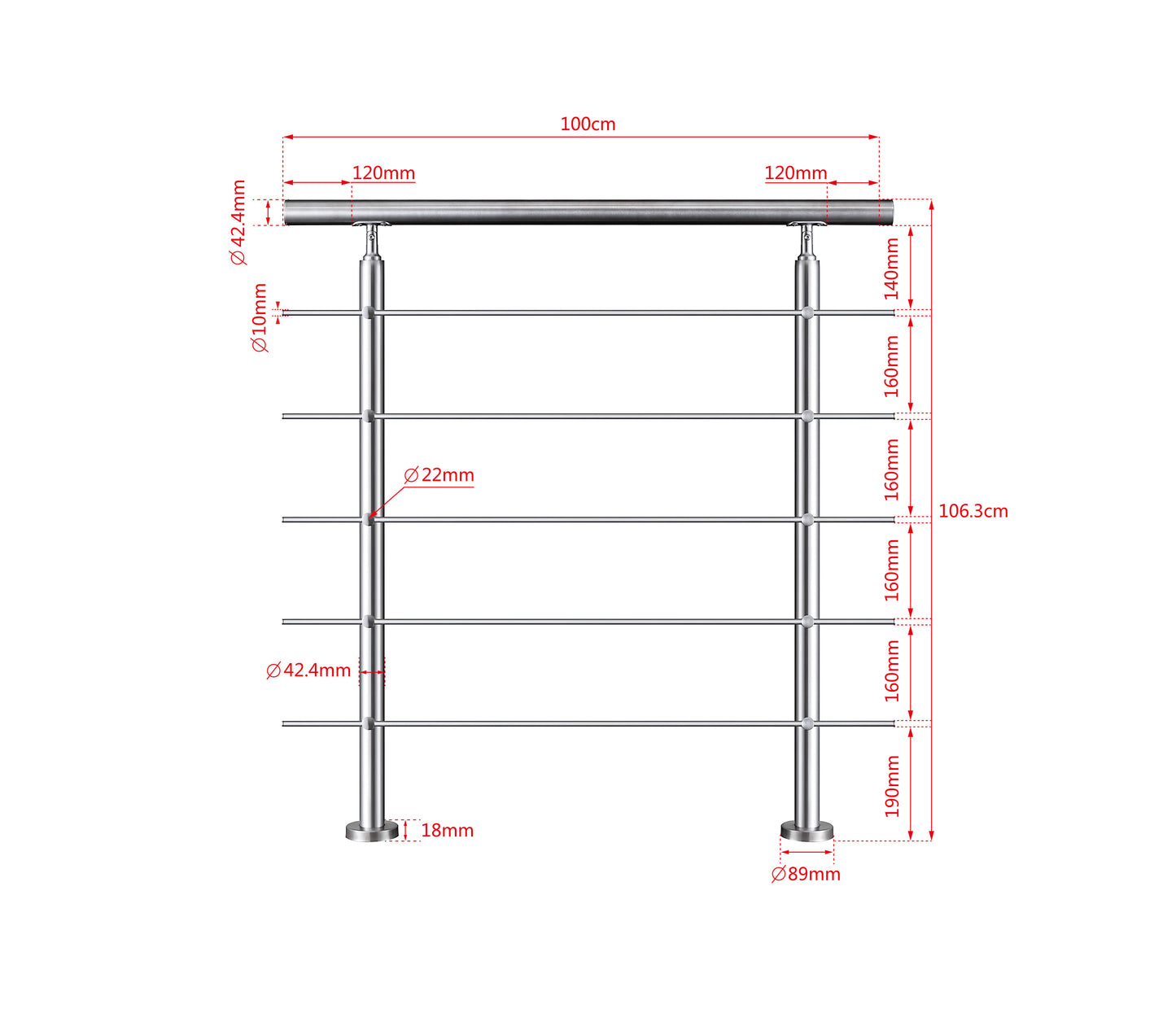 SKY steps 5 Cross bars Stairs Grab Rail Stainless Steel Balustrade Handrail