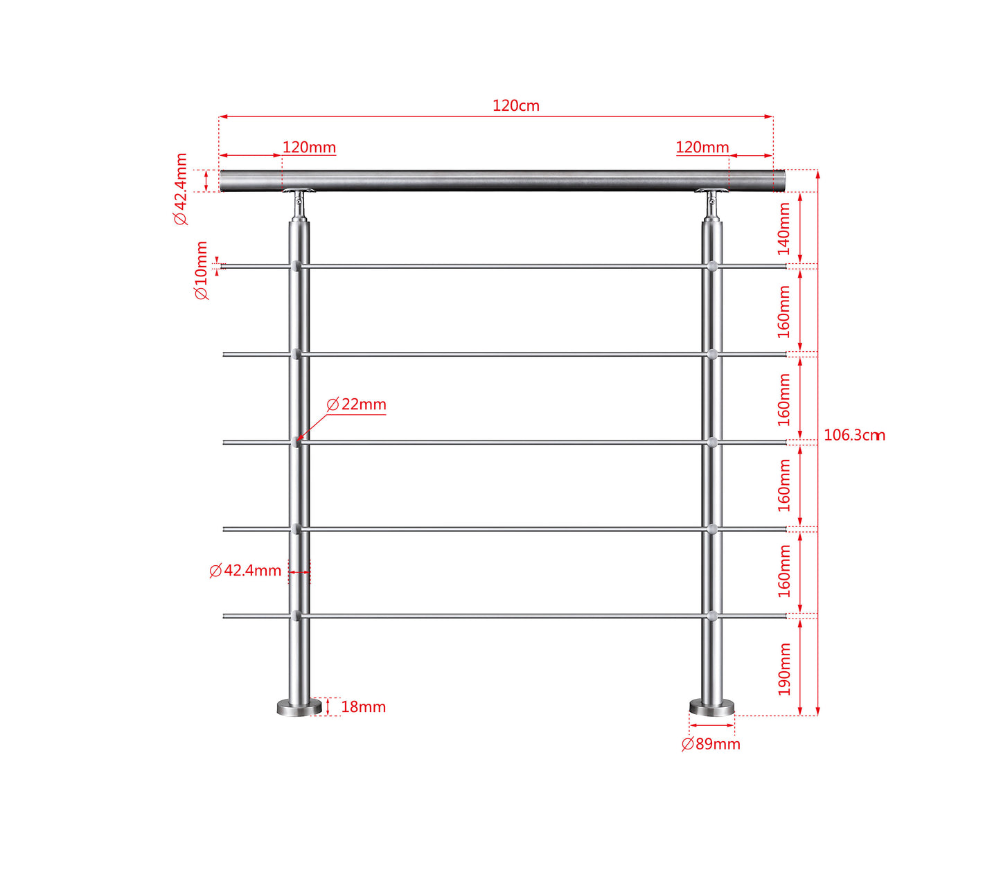 SKY steps 5 Cross bars Stairs Grab Rail Stainless Steel Balustrade Handrail