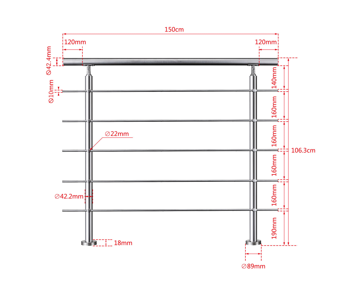 SKY steps 5 Cross bars Stairs Grab Rail Stainless Steel Balustrade Handrail