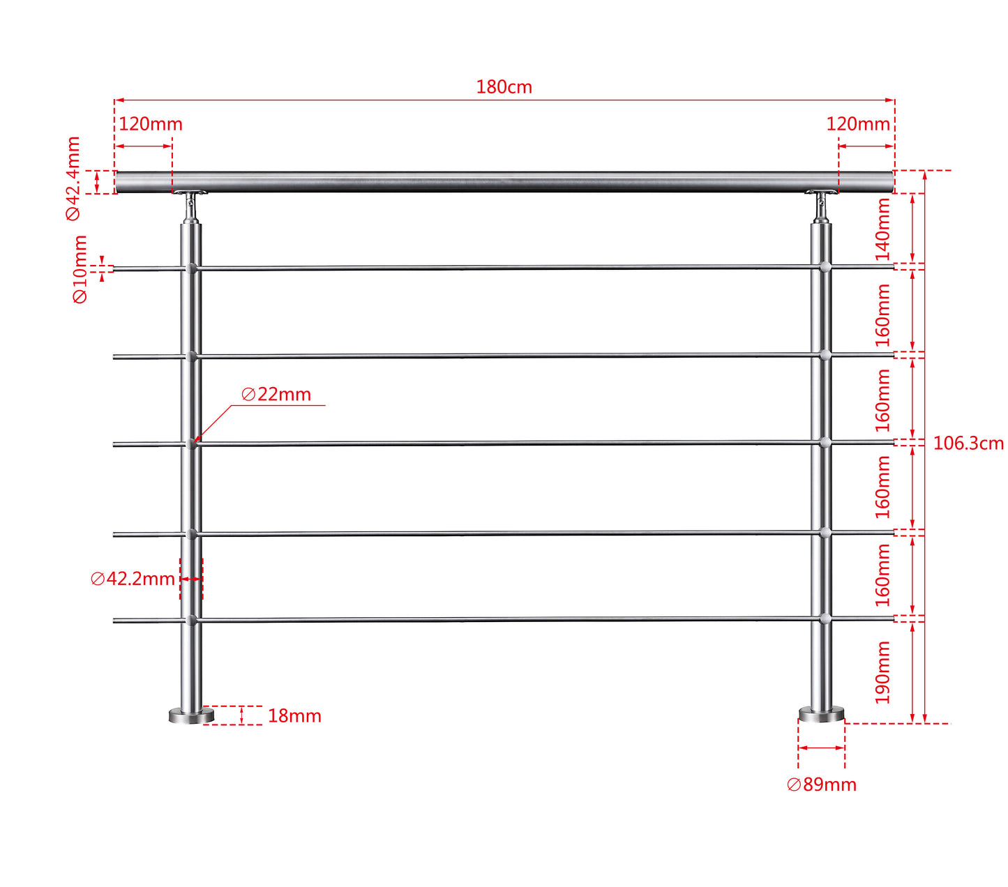 SKY steps 5 Cross bars Stairs Grab Rail Stainless Steel Balustrade Handrail