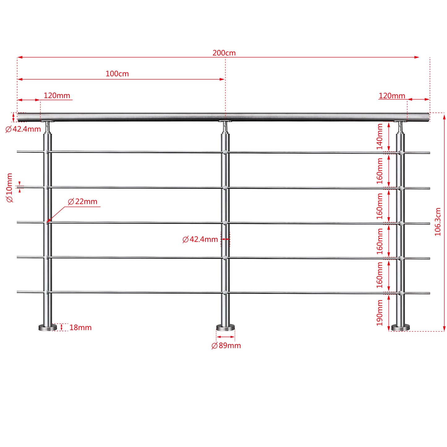 SKY steps 5 Cross bars Stairs Grab Rail Stainless Steel Balustrade Handrail