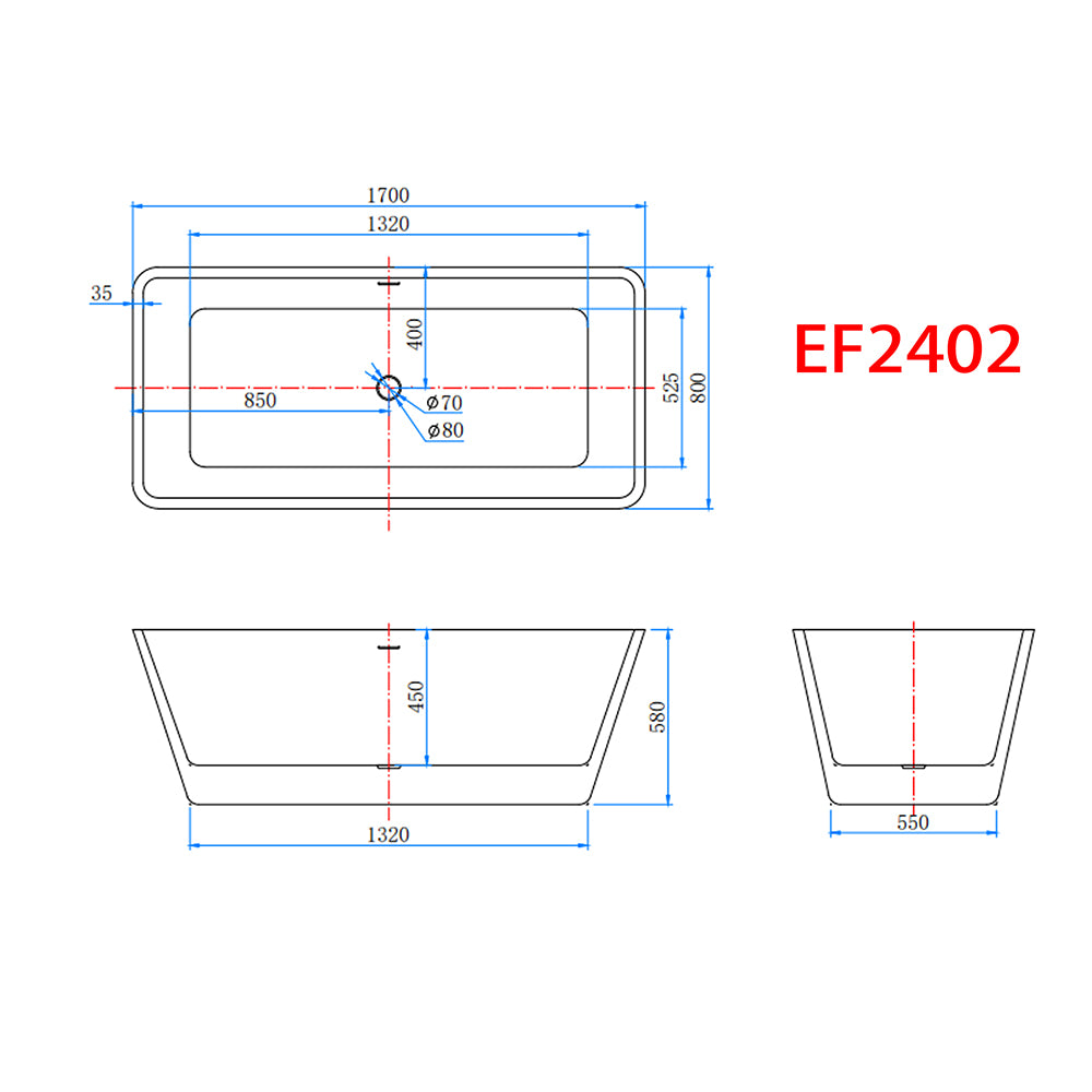 1700x800mm Bath Shower Bathtub Freestanding Double Ended Bath Integral Waste & Overflow