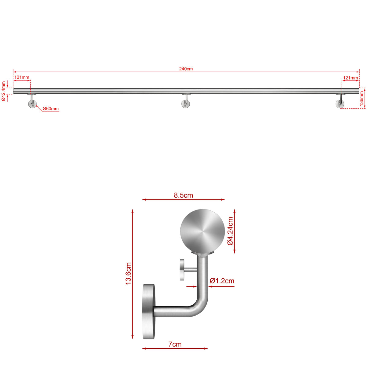 SKY 304 Stainless Steel Wall Mount Handrail, Brushed Silver Stair Railing