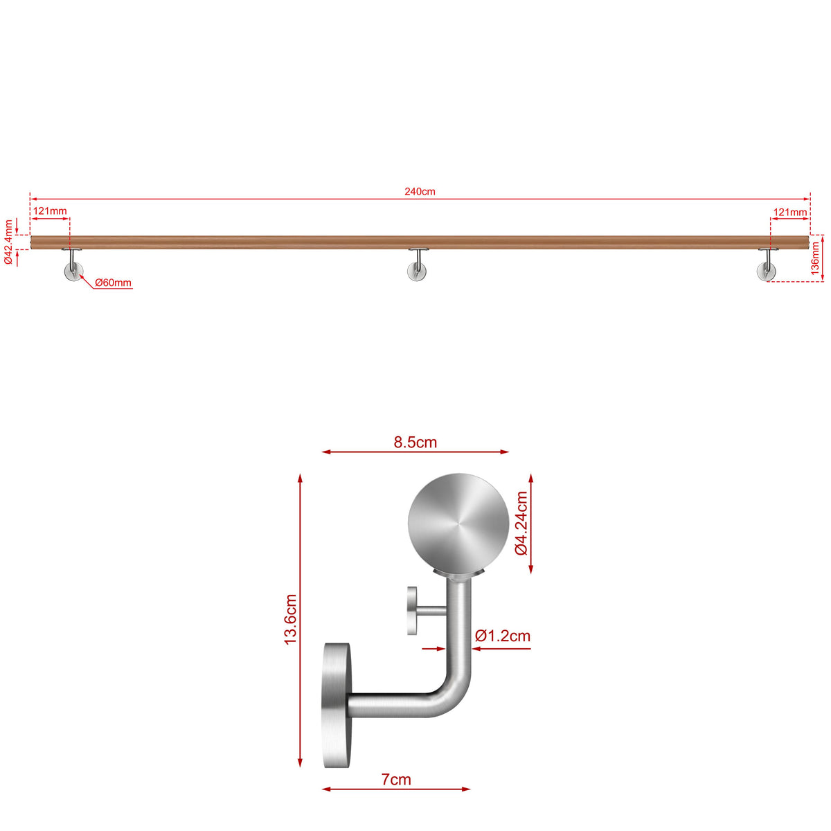 SKY 304 Stainless Steel Wall Mount Handrail, Wood Grain Finish