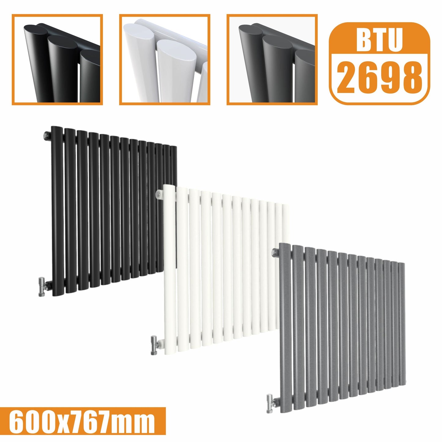 Horizontal Oval Column Single Designer radiator 600x767MM White Anthracite Grey SKY