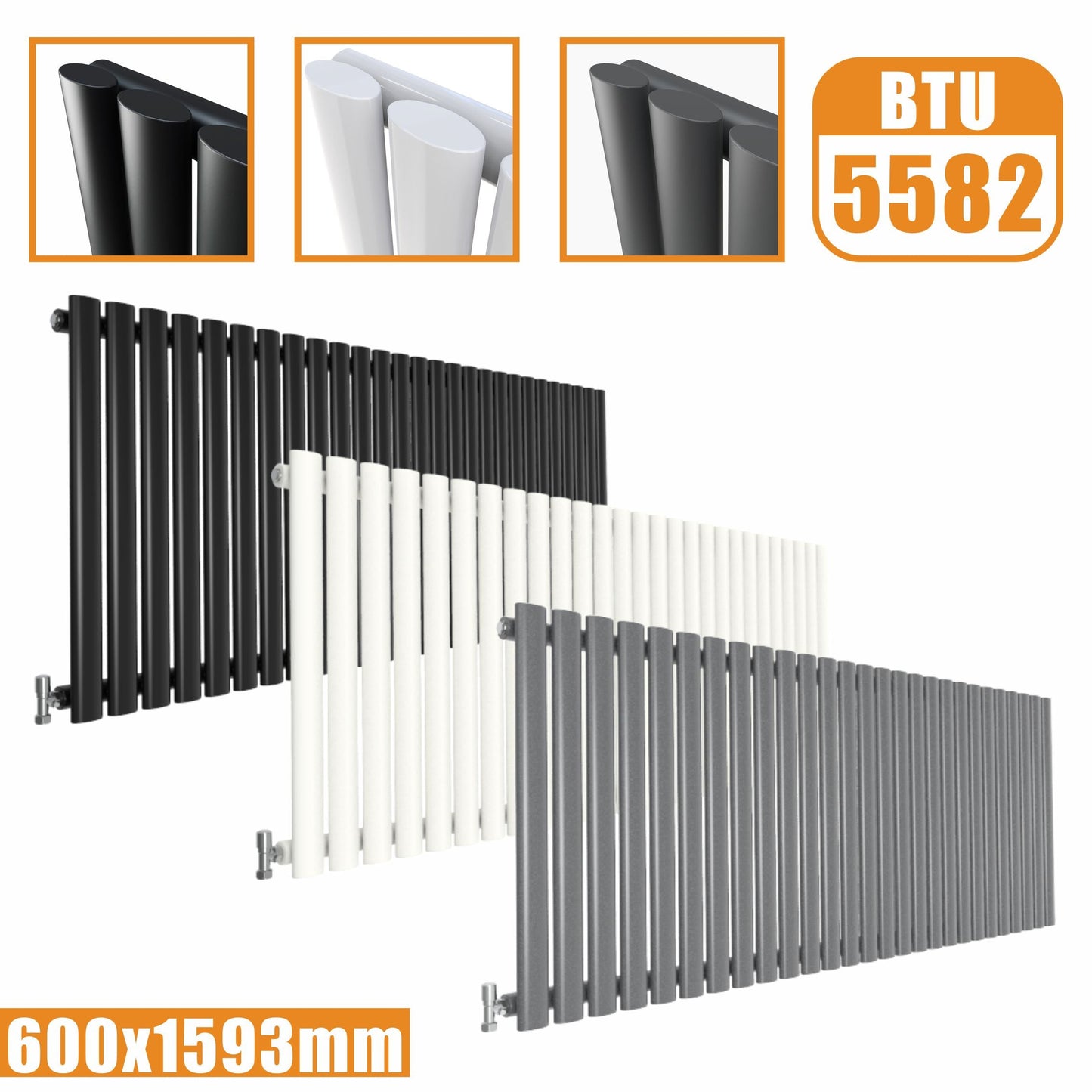 Horizontal Oval Column Single Designer radiator 600x1593MM White Anthracite Grey SKY