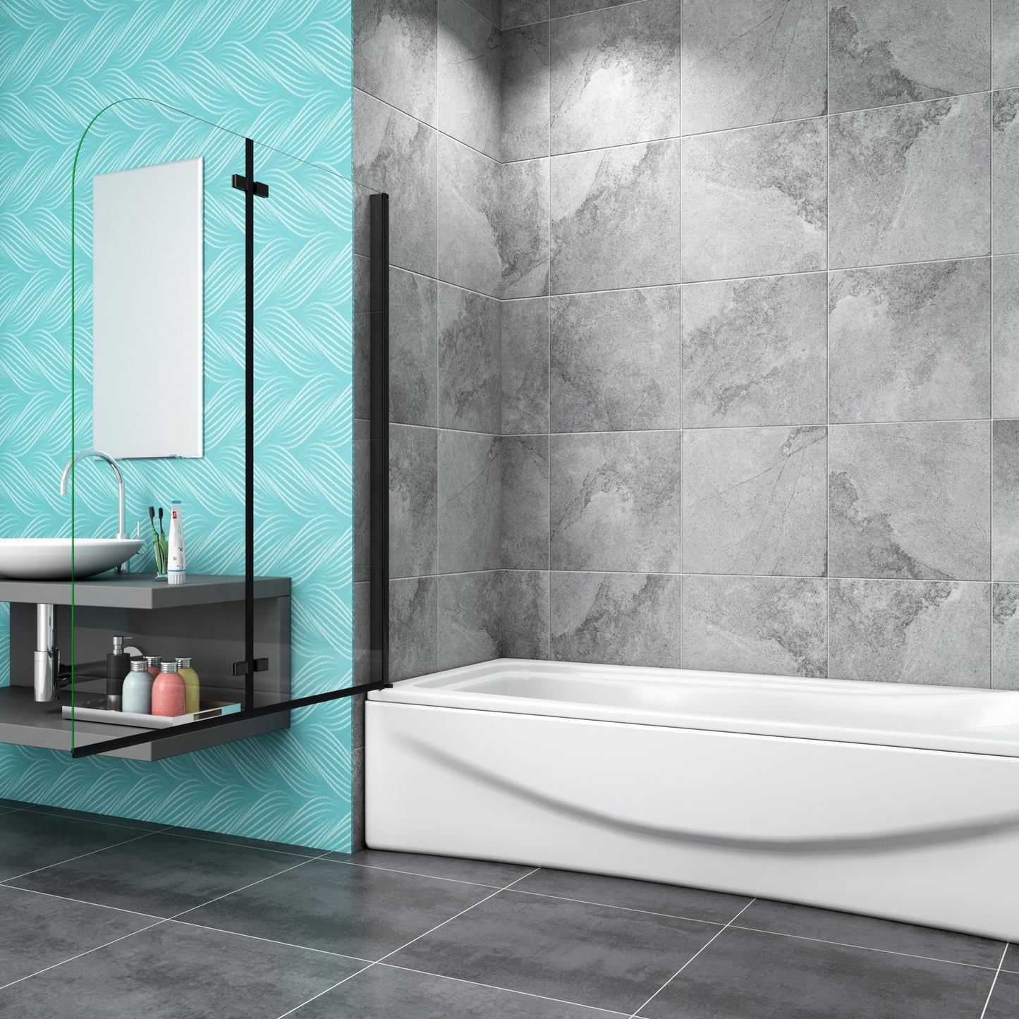 Matt Black Pivot Hinge 2 Fold Shower Screen Over Bath 6mm NANO Glass Door Panel