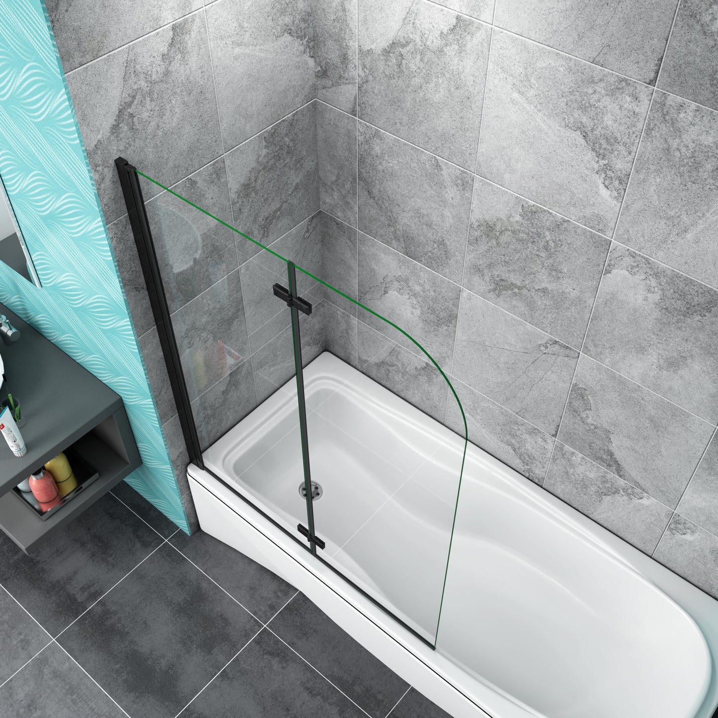Matt Black Pivot Hinge 2 Fold Shower Screen Over Bath 6mm NANO Glass Door Panel