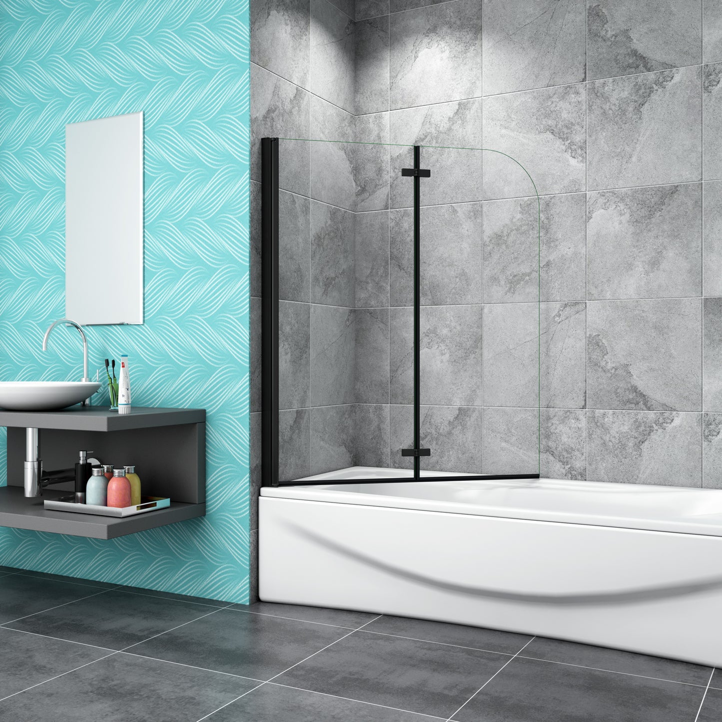 Matt Black Pivot Hinge 2 Fold Shower Screen Over Bath 6mm NANO Glass Door Panel