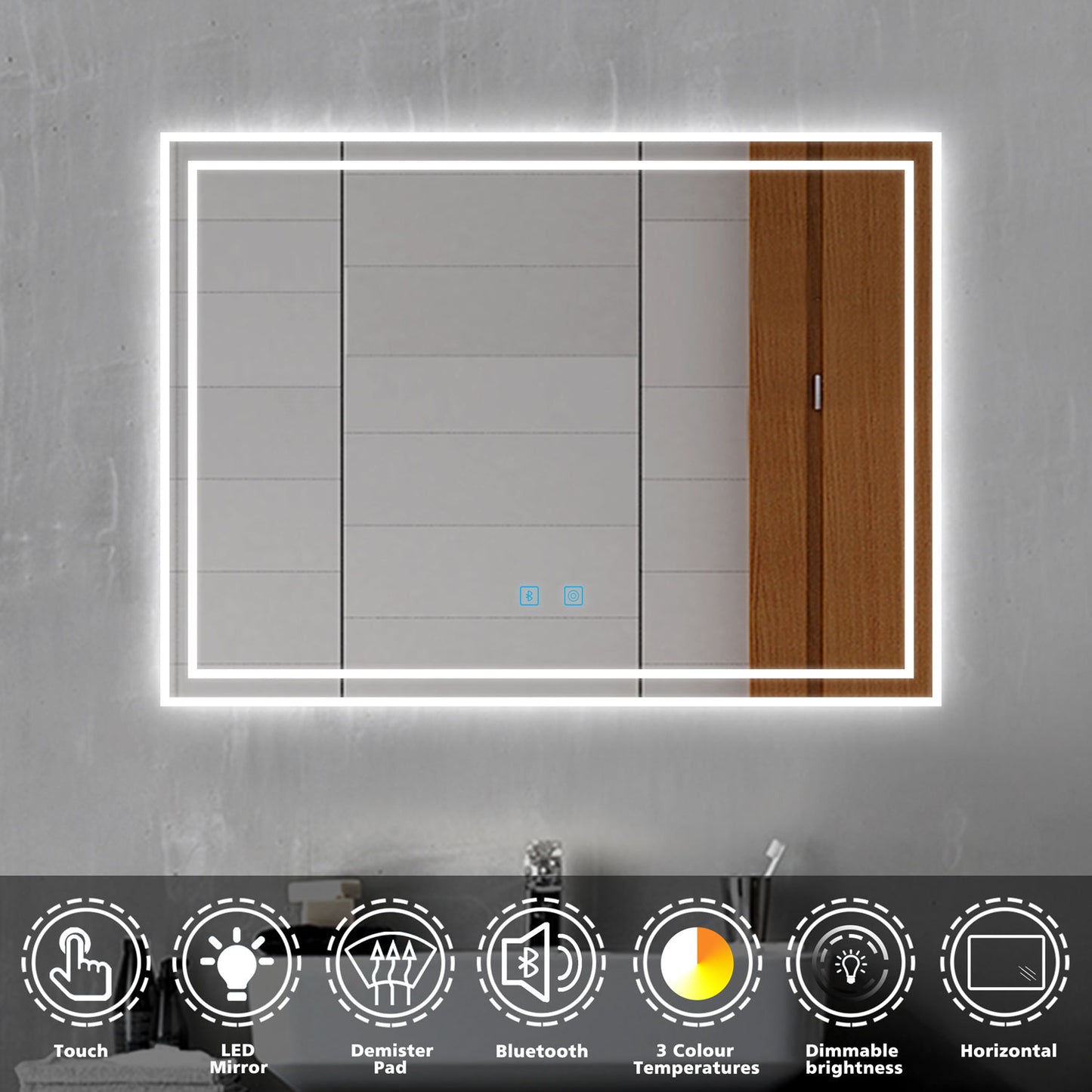 800x600MM Bathroom Mirror with LED Lights, Bluetooth Illuminated Dimmable