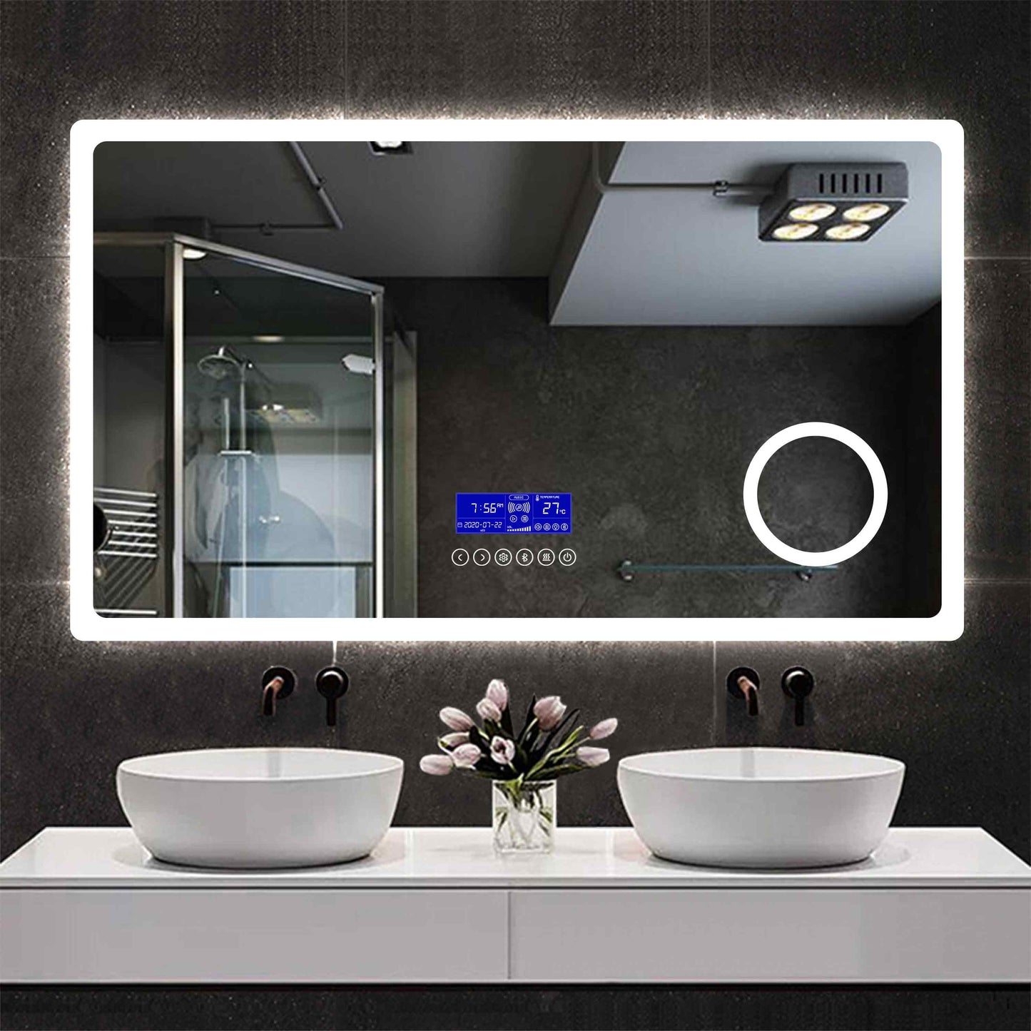 Bathroom Wall Mirror with Light, Bluetooth Speaker, Demister, 3x Magnification, 2700K, 6000K, Clock