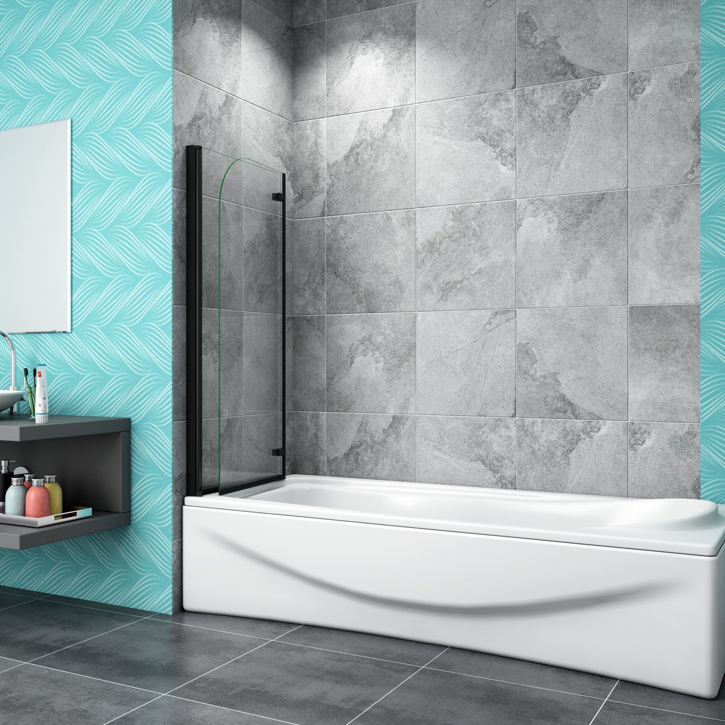 Matt Black Pivot Hinge 2 Fold Shower Screen Over Bath 6mm NANO Glass Door Panel