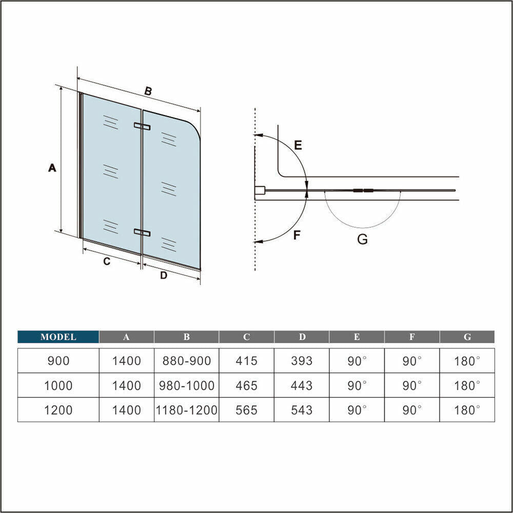 Matt Black Pivot Hinge 2 Fold Shower Screen Over Bath 6mm NANO Glass Door Panel