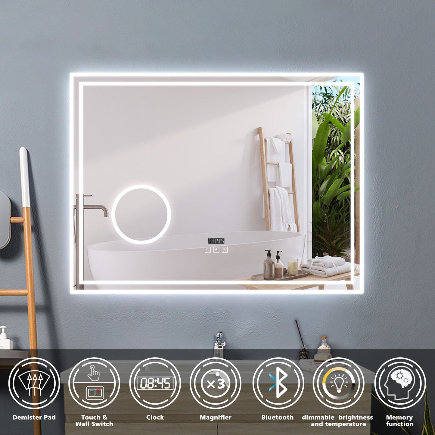 SKY bathroom Bathroom LED Mirror with Bluetooth and 3x Magnifier,3 LED Colors,Memory FunctionAnti-fog,Adjustable Temperature and Brightness