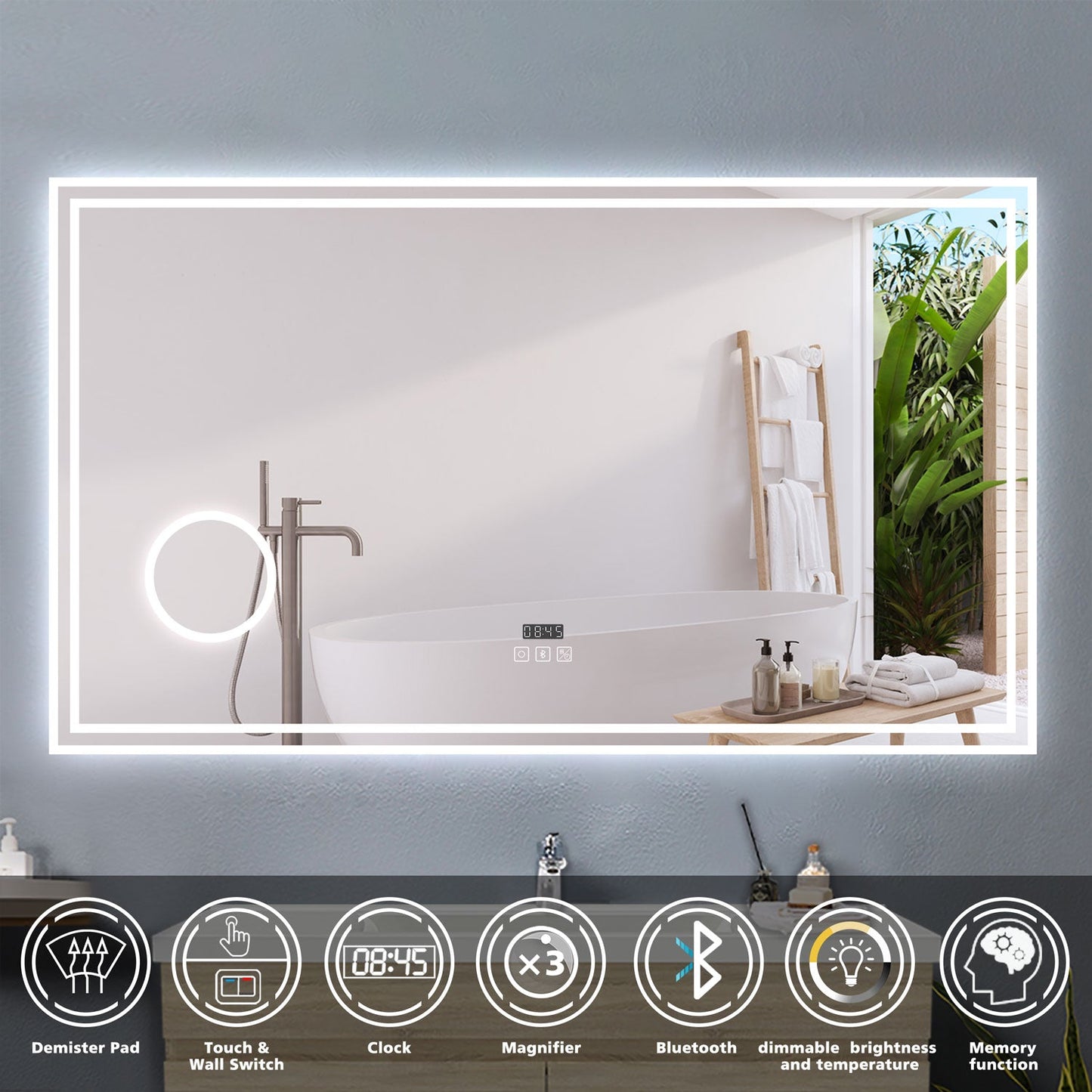 SKY bathroom Bathroom LED Mirror with Bluetooth and 3x Magnifier,3 LED Colors,Memory FunctionAnti-fog,Adjustable Temperature and Brightness