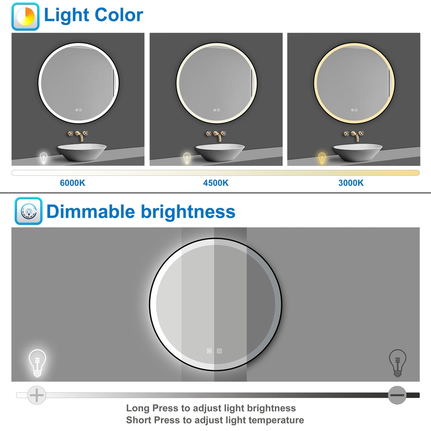 SKY bathroom Memory Function, Anti-fog, IP44, With 3 Colors Dimmable Brightness, Round  LED Bathroom Black Frame Mirror