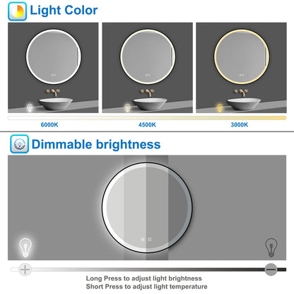 SKY bathroom Memory Function, Anti-fog, IP44, With 3 Colors Dimmable Brightness, Round  LED Bathroom Black Frame Mirror