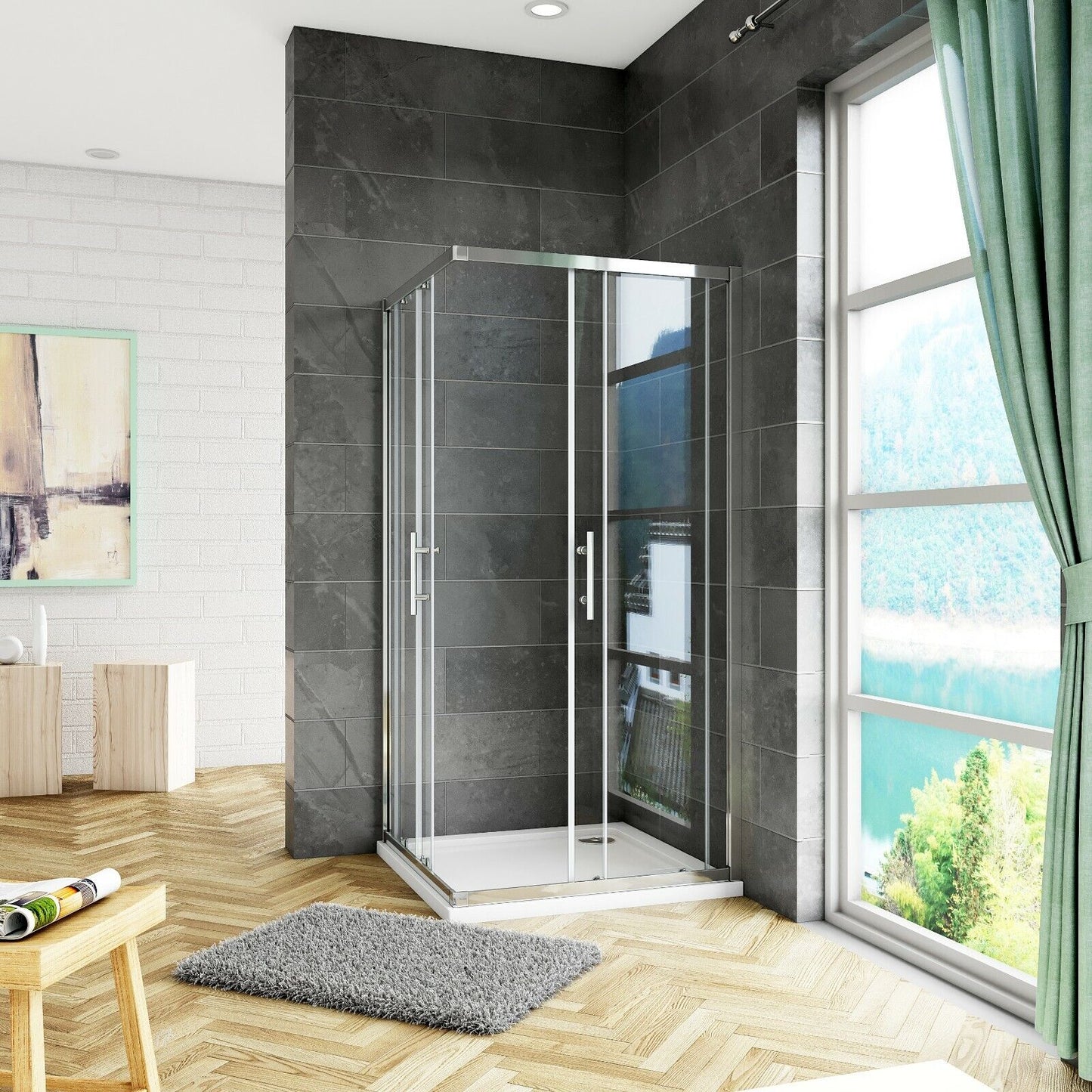 Corner Entry Sliding Shower Enclosure optional Tray Walk in Cubicle Glass Door Screen