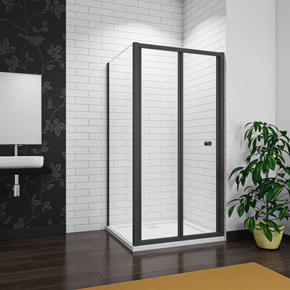 Bathroom Matt Black Bi Fold Shower Enclosure Shower Door Screen Safety Glass 5mm