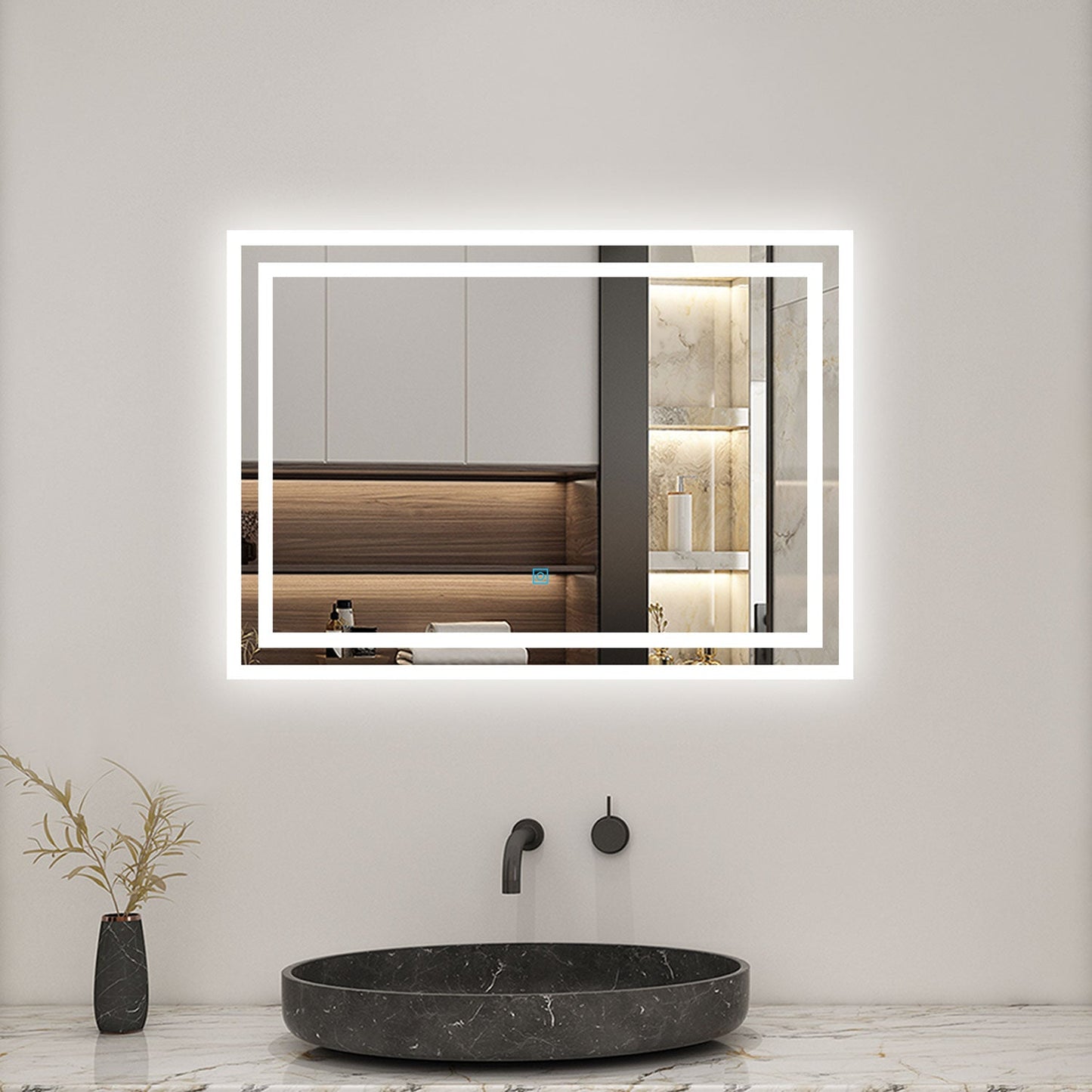 SKY bathroom Backlit Illuminated Bathroom Mirror with Shaver Socket, Energy-Saving LED Smart Mirror, 3 Colors Dimmable Wall Mounted Bathroom Vanity Mirror with LED Lights and Demister Pad
