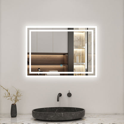 SKY bathroom Backlit Illuminated Bathroom Mirror with Shaver Socket, Energy-Saving LED Smart Mirror, 3 Colors Dimmable Wall Mounted Bathroom Vanity Mirror with LED Lights and Demister Pad