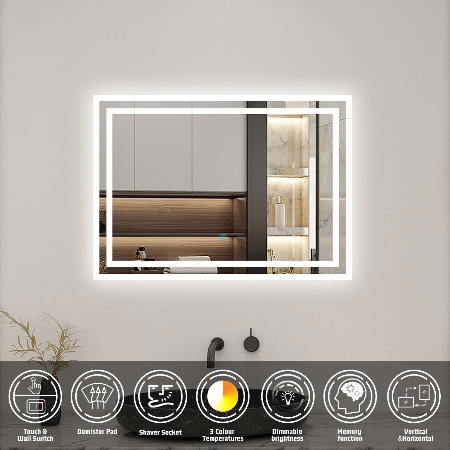 SKY bathroom Backlit Illuminated Bathroom Mirror with Shaver Socket, Energy-Saving LED Smart Mirror, 3 Colors Dimmable Wall Mounted Bathroom Vanity Mirror with LED Lights and Demister Pad