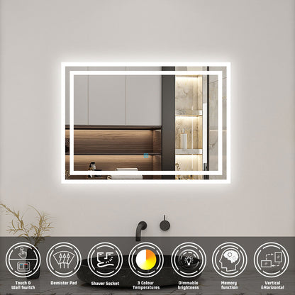 SKY bathroom Backlit Illuminated Bathroom Mirror with Shaver Socket, Energy-Saving LED Smart Mirror, 3 Colors Dimmable Wall Mounted Bathroom Vanity Mirror with LED Lights and Demister Pad