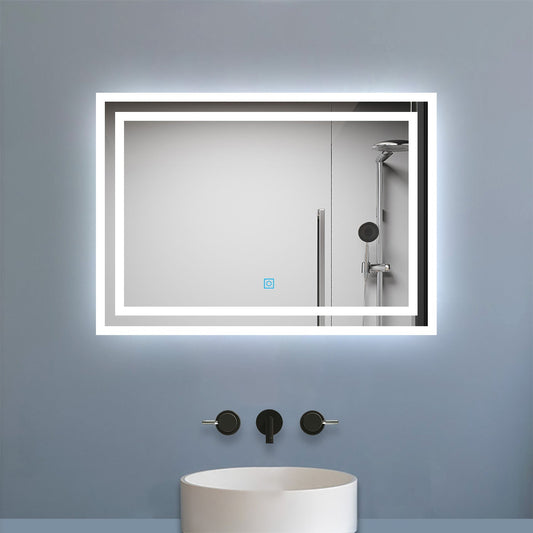 SKY bathroom Backlit Illuminated Bathroom Mirror with Shaver Socket, Energy-Saving LED Smart Mirror, 3 Colors Dimmable Wall Mounted Bathroom Vanity Mirror with LED Lights Demister Pad