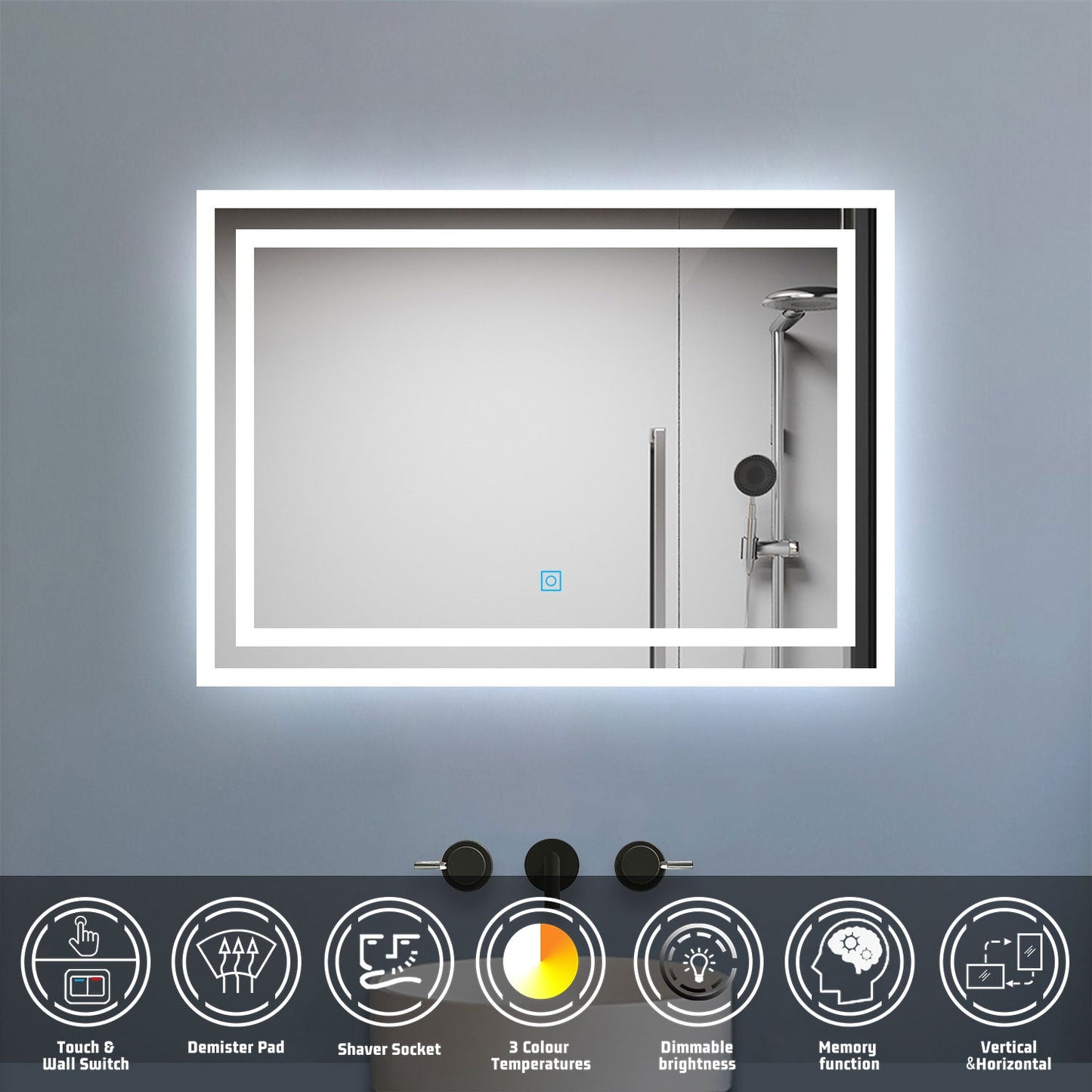 SKY bathroom Backlit Illuminated Bathroom Mirror with Shaver Socket, Energy-Saving LED Smart Mirror, 3 Colors Dimmable Wall Mounted Bathroom Vanity Mirror with LED Lights and Demister Pad