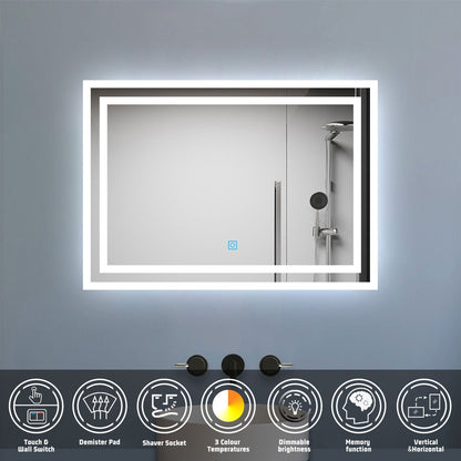 SKY bathroom Backlit Illuminated Bathroom Mirror with Shaver Socket, Energy-Saving LED Smart Mirror, 3 Colors Dimmable Wall Mounted Bathroom Vanity Mirror with LED Lights and Demister Pad