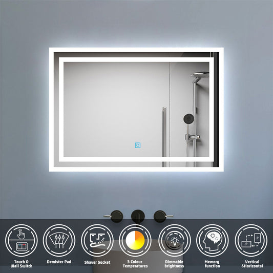 SKY bathroom Backlit Illuminated Bathroom Mirror with Shaver Socket, Energy-Saving LED Smart Mirror, 3 Colors Dimmable Wall Mounted Bathroom Vanity Mirror with LED Lights Demister Pad
