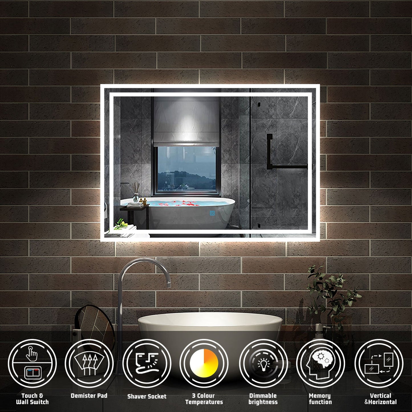 SKY bathroom Backlit Illuminated Bathroom Mirror with Shaver Socket, Energy-Saving LED Smart Mirror, 3 Colors Dimmable Wall Mounted Bathroom Vanity Mirror with LED Lights and Demister Pad
