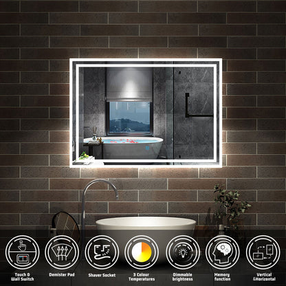 SKY bathroom Backlit Illuminated Bathroom Mirror with Shaver Socket, Energy-Saving LED Smart Mirror, 3 Colors Dimmable Wall Mounted Bathroom Vanity Mirror with LED Lights and Demister Pad
